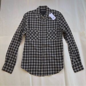 Vince Men's Navy and Grey Plaid Shirt, M